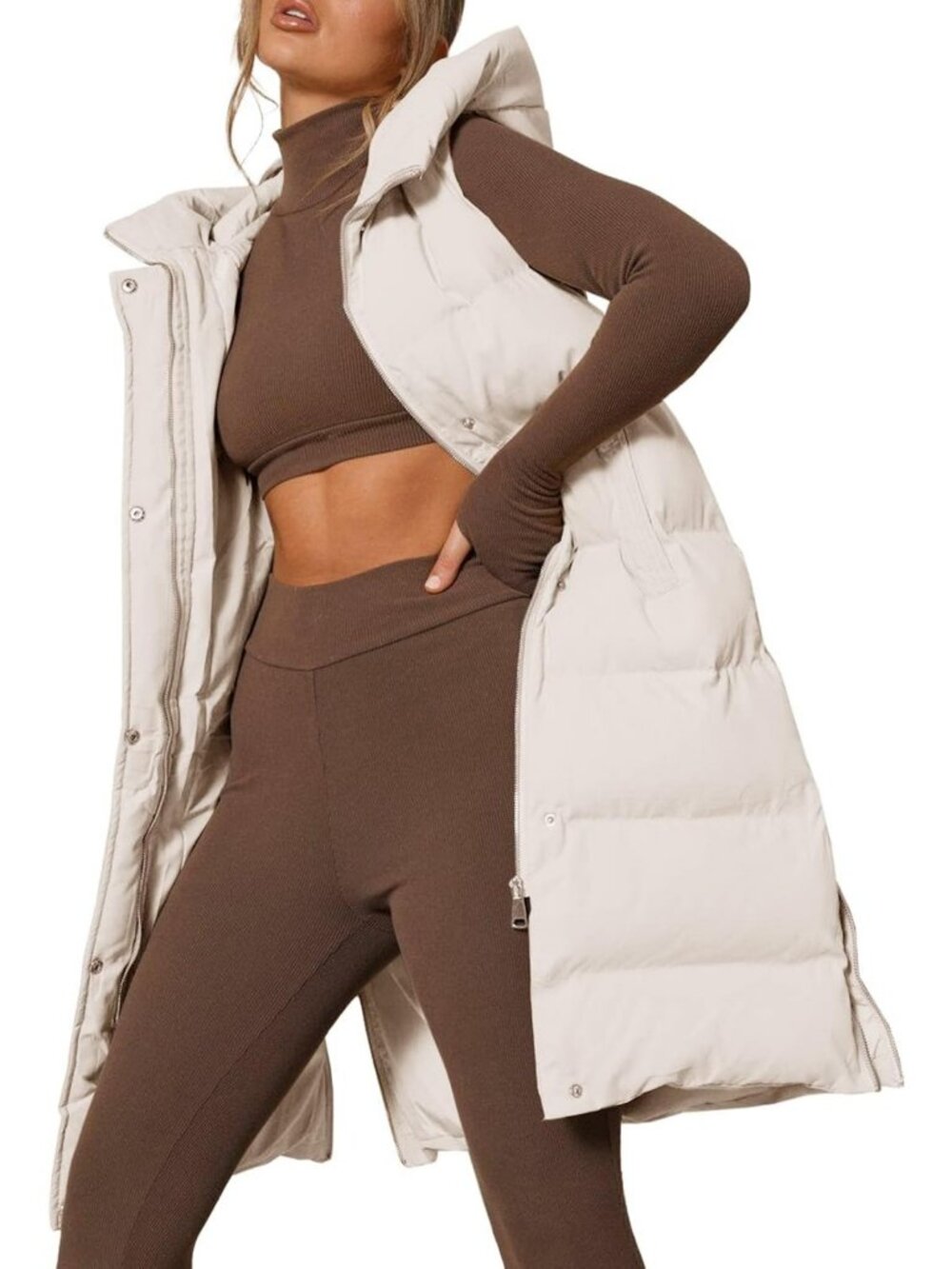 Cozy Long Hooded Sleeveless Puffer Vest with Stand Collar - Perfect for Layering